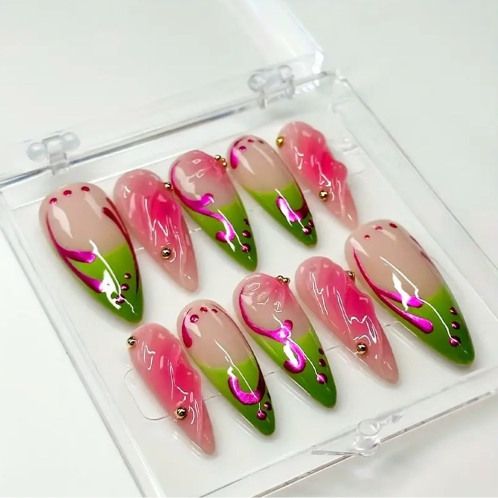 New Pink & Green Handmade Press-On Nails Reusable size Medium acrylic 3-D